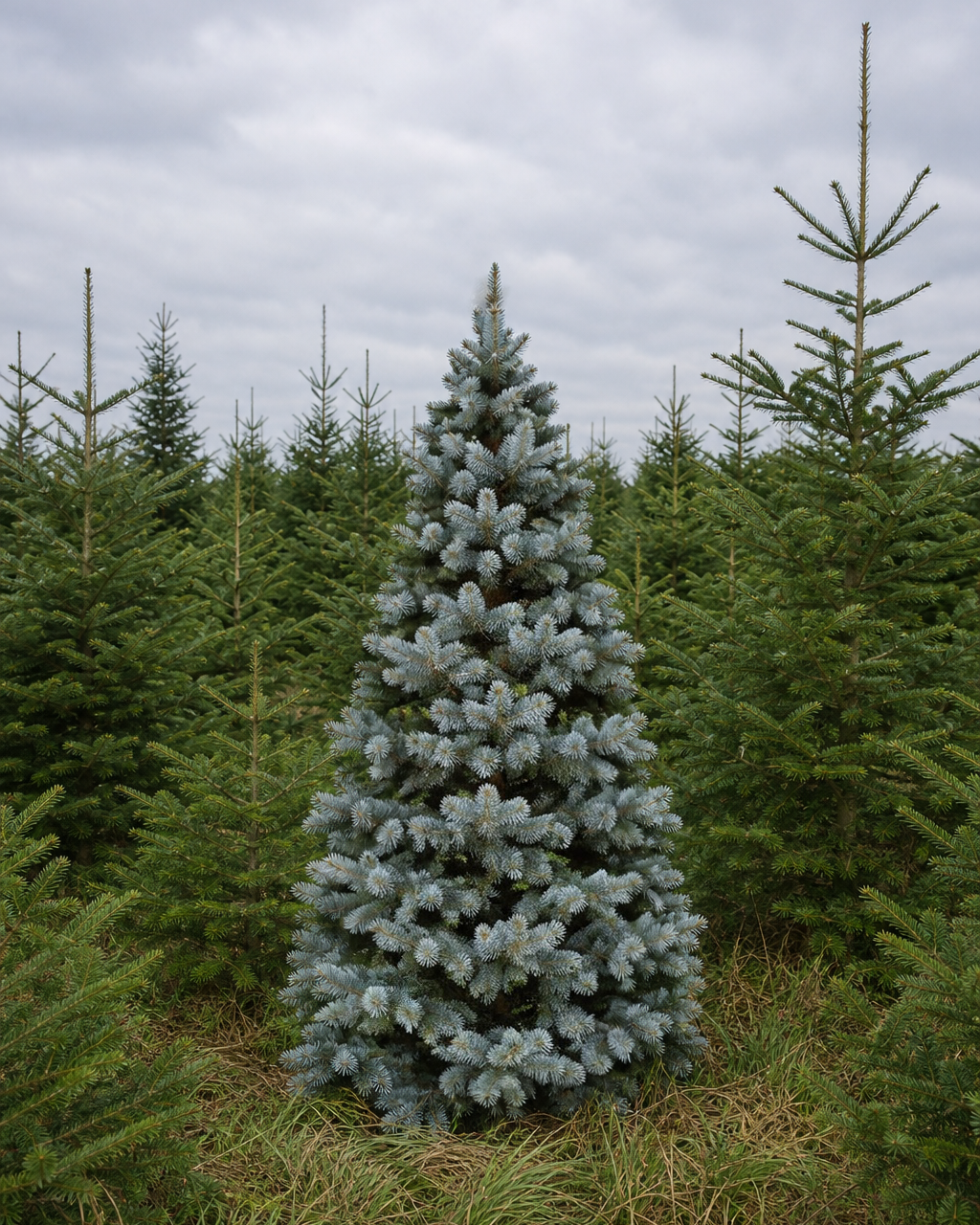 Smalle blauwe Nordmann als kerstboom met blauwgrijze naalden