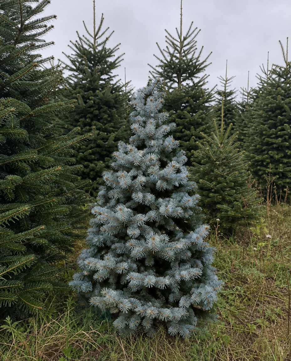 Volle blauwspar als kerstboom met zilverblauwe, stugge naalden