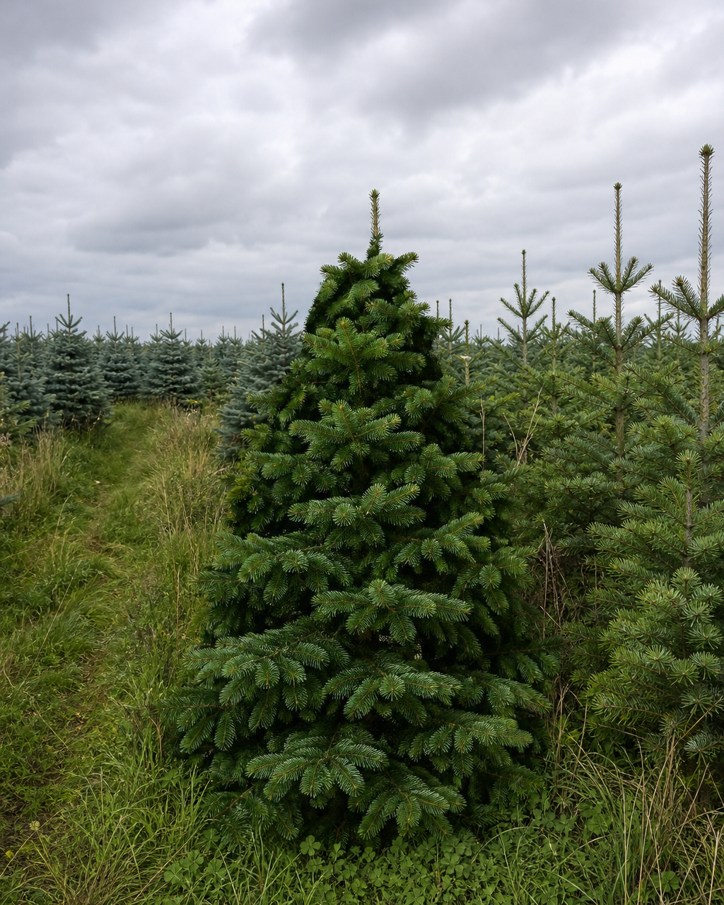 Volle Nordmann als kerstboom met donkergroene, glanzende naalden