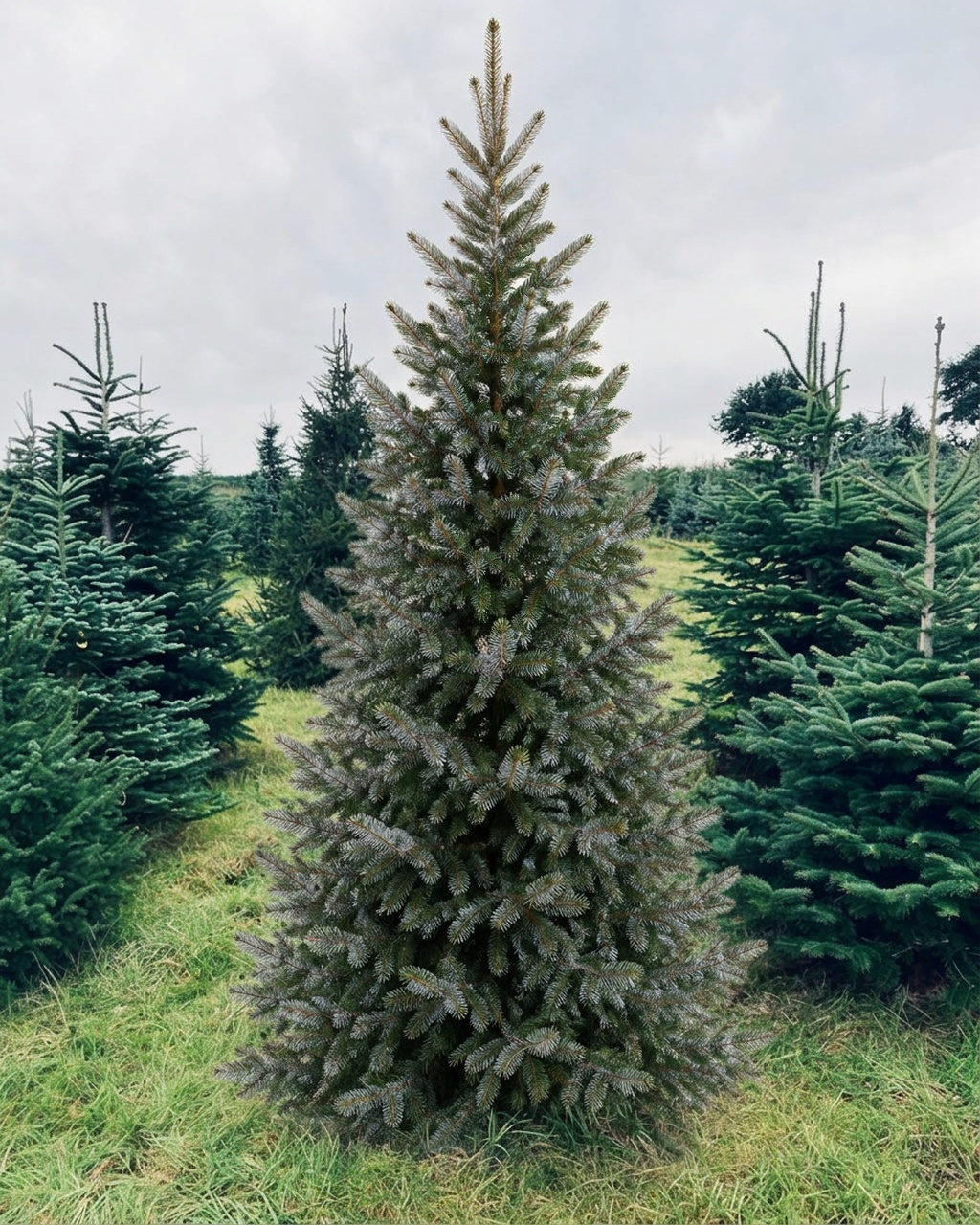 Slanke Servische spar als kerstboom met een blauwe schijn over de naalden