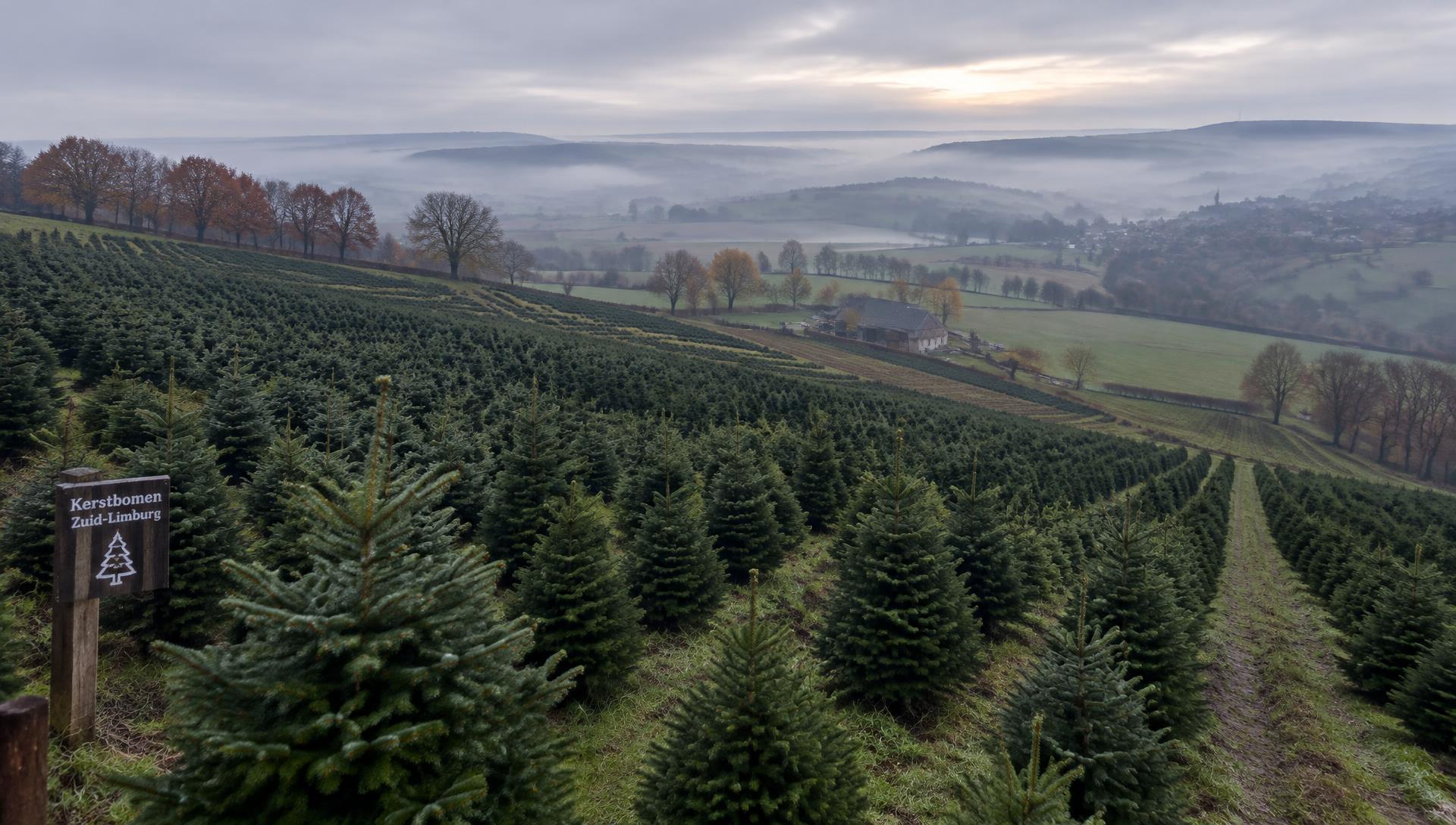 Rijen kerstbomen op een heuvel met mistig Limburgs landschap